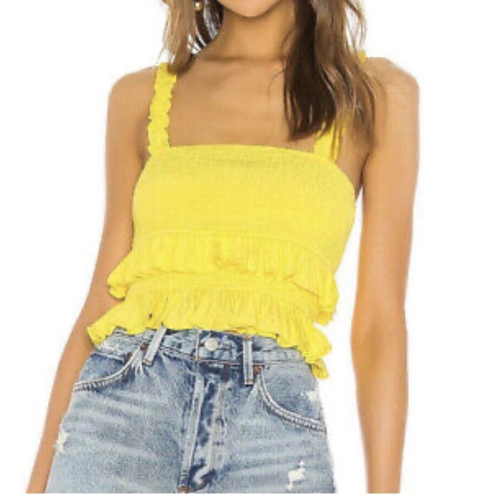 Lovers + Friends Smocked Ruffle Crop Top Yellow Size M